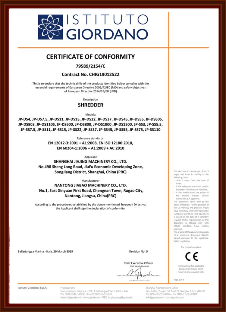 CE certification of shredder products series